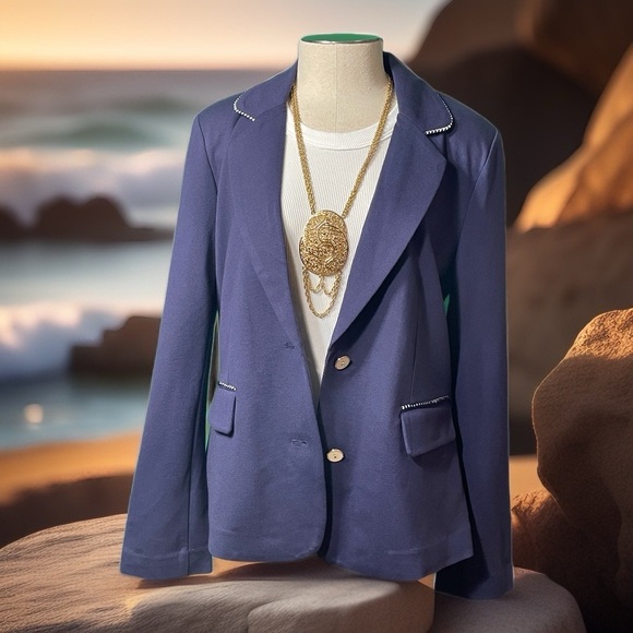 TWRHLL by Christy Brinkley Jackets & Blazers - TWRHLL by Christie Brinkley Navy Knit Blazer Size Small NWT Rope Trim Nautical